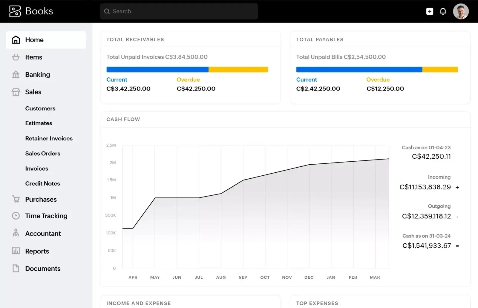 Zoho Books Interface